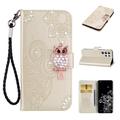 Samsung Galaxy S26 Ultra Owl Rhinestone Wallet Case - Gold