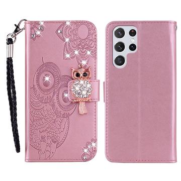 Samsung Galaxy S26 Ultra Owl Rhinestone Wallet Case - Rose Gold