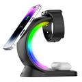 T17 3-in-1 RGB Light Magnetic Wireless Charger for iPhone 12 / 13 / 14 / 15 Series Desktop Fast Charging Stand Compatible with MagSafe - Black