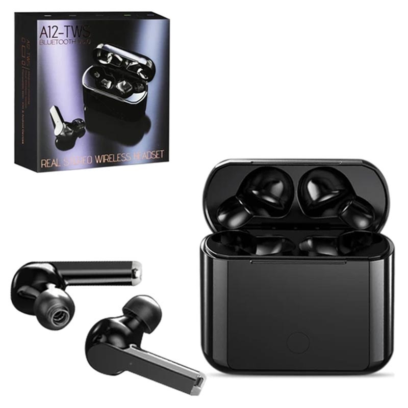 TWS A12 Bluetooth Earphones with Microphone - Black