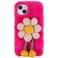 3D Plush Furry Winter iPhone 14 Plus TPU Case - Hot Pink Flower
