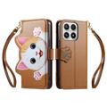 Xiaomi 17 Cute Cat Wallet Case with Card Holder, Zipper Pocket & Wrist Strap - Brown