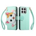 Xiaomi 17 Cute Cat Wallet Case with Card Holder, Zipper Pocket & Wrist Strap - Green