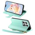 Xiaomi 17 Cute Cat Wallet Case with Card Holder, Zipper Pocket & Wrist Strap - Green