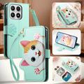 Xiaomi 17 Cute Cat Wallet Case with Card Holder, Zipper Pocket & Wrist Strap - Green