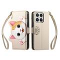 Xiaomi 17 Cute Cat Wallet Case with Card Holder, Zipper Pocket & Wrist Strap - Khaki
