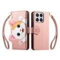 Xiaomi 17 Cute Cat Wallet Case with Card Holder, Zipper Pocket & Wrist Strap - Pink