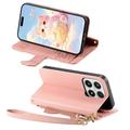 Xiaomi 17 Cute Cat Wallet Case with Card Holder, Zipper Pocket & Wrist Strap - Pink