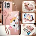 Xiaomi 17 Cute Cat Wallet Case with Card Holder, Zipper Pocket & Wrist Strap - Pink