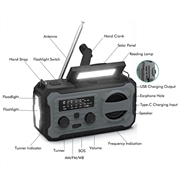 YX328 Emergency Hand Crank Solar Radio with Flashlight, 4000mAh Power Bank (Open Box - Excellent) - Grey