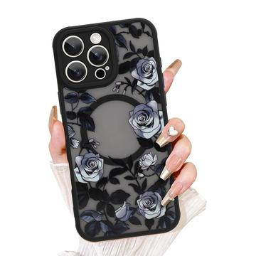 iPhone 12 Pro Vintage Rose Flower Pattern Hybrid Case - MagSafe Compatible - Black