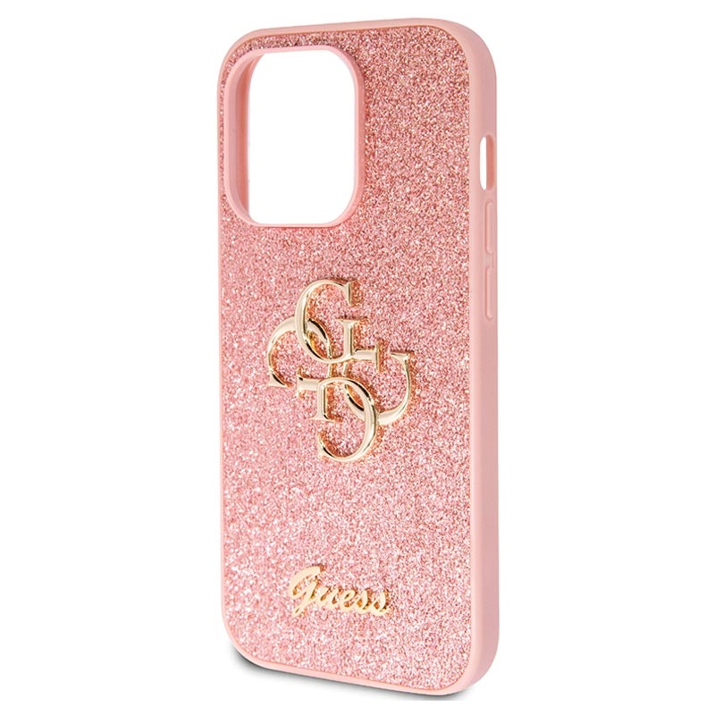 Cover Case IPHONE 15 Plus Guess Faux Leather Pink With Golden Logo
