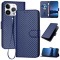 iPhone 15 Pro Max Premium Wallet Case with Strap - Carbon Fiber Texture