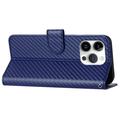 iPhone 15 Pro Max Premium Wallet Case with Strap - Carbon Fiber Texture - Carbon Blue