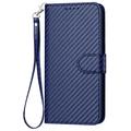 iPhone 15 Pro Max Premium Wallet Case with Strap - Carbon Fiber Texture - Carbon Blue