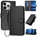 iPhone 15 Pro Premium Wallet Case with Strap - Carbon Fiber Texture - Carbon Black