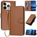 iPhone 15 Pro Premium Wallet Case with Strap - Carbon Fiber Texture - Carbon Coffee