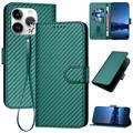 iPhone 15 Pro Premium Wallet Case with Strap - Carbon Fiber Texture - Carbon Green
