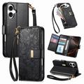 iPhone 16 Floral & Leaf Pattern Wallet Case with Zipper Pocket & Wrist Strap - Black
