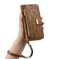 iPhone 16 Floral & Leaf Pattern Wallet Case with Zipper Pocket & Wrist Strap