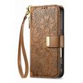 iPhone 16 Floral & Leaf Pattern Wallet Case with Zipper Pocket & Wrist Strap