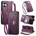 iPhone 16 Floral & Leaf Pattern Wallet Case with Zipper Pocket & Wrist Strap