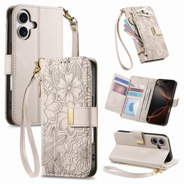 iPhone 16 Floral & Leaf Pattern Wallet Case with Zipper Pocket & Wrist Strap