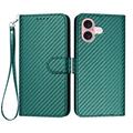 iPhone 16 Premium Wallet Case with Strap - Carbon Fiber Texture - Carbon Green