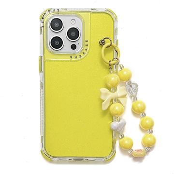 iPhone 16 Pro Max Glitter Shockproof Hybrid Case with Wrist Strap - Yellow