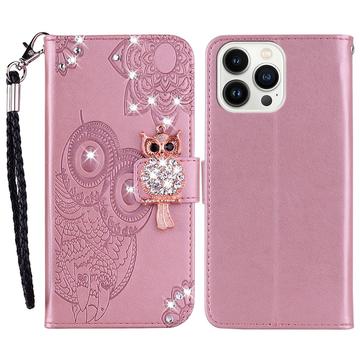 iPhone 16 Pro Max Owl Rhinestone Wallet Case - Rose Gold