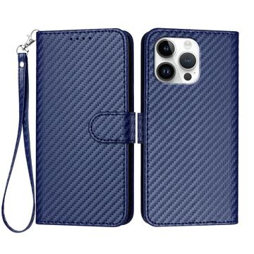iPhone 16 Pro Max Premium Wallet Case with Strap - Carbon Fiber Texture - Carbon Blue