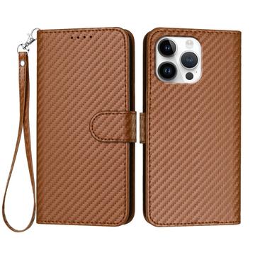 iPhone 16 Pro Max Premium Wallet Case with Strap - Carbon Fiber Texture - Carbon Coffee