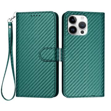 iPhone 16 Pro Max Premium Wallet Case with Strap - Carbon Fiber Texture - Carbon Green