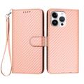 iPhone 16 Pro Max Premium Wallet Case with Strap - Carbon Fiber Texture - Carbon Pink