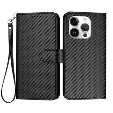 iPhone 16 Pro Premium Wallet Case with Strap - Carbon Fiber Texture