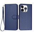 iPhone 16 Pro Premium Wallet Case with Strap - Carbon Fiber Texture - Carbon Blue