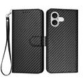 iPhone 17 Premium Wallet Case with Strap - Carbon Fiber Texture - Carbon Black