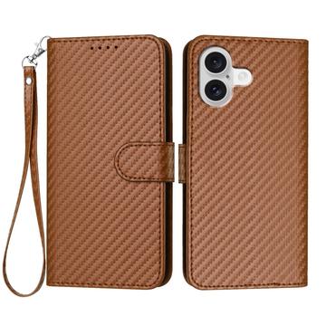 iPhone 17 Premium Wallet Case with Strap - Carbon Fiber Texture - Carbon Coffee