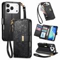 iPhone 17 Pro/18 Pro Floral & Leaf Pattern Wallet Case with Zipper Pocket & Wrist Strap - Black