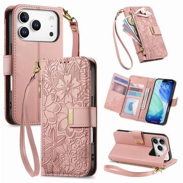 iPhone 17 Pro Max Floral & Leaf Pattern Wallet Case with Zipper Pocket & Wrist Strap