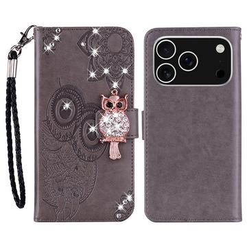 iPhone 17 Pro Max Owl Rhinestone Wallet Case - Grey