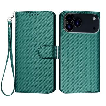 iPhone 17 Pro Max Premium Wallet Case with Strap - Carbon Fiber Texture - Carbon Green