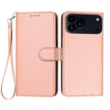 iPhone 17 Pro Max Premium Wallet Case with Strap - Carbon Fiber Texture - Carbon Pink