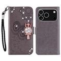 iPhone 17 Pro Owl Rhinestone Wallet Case - Grey