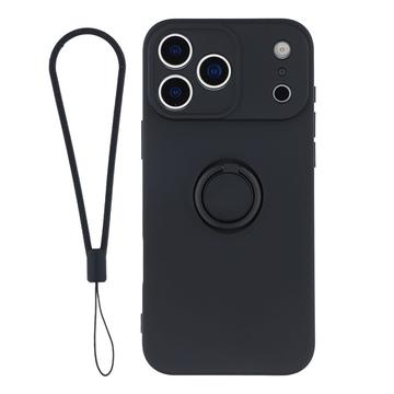 iPhone 18 Pro Liquid Silicone Case with Ring Holder and Wrist Strap - Black