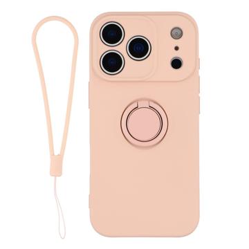 iPhone 18 Pro Liquid Silicone Case with Ring Holder and Wrist Strap - Pink