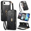 iPhone Air Floral & Leaf Pattern Wallet Case with Zipper Pocket & Wrist Strap - Black