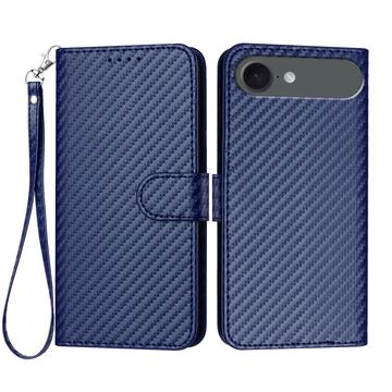 iPhone Air Premium Wallet Case with Strap - Carbon Fiber Texture - Carbon Blue