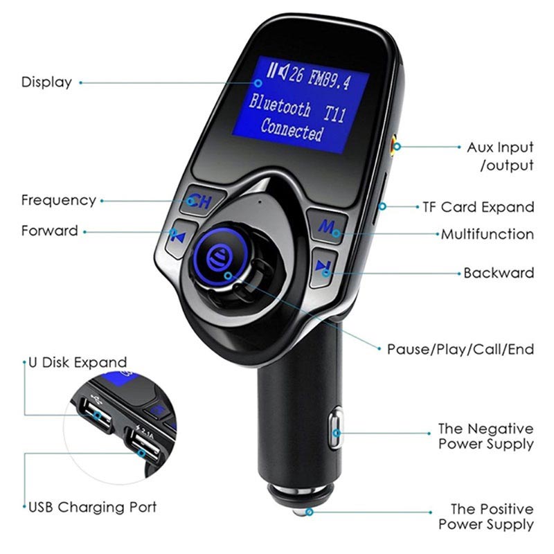 Peacock Blue Nulaxy Wireless in-Car Bluetooth FM Transmitter Radio Adapter Car Kit with 1.44 Inch Display and USB Car Charger 